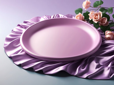 empty plate with flowers on a purple cloth. Generative Aiの素材