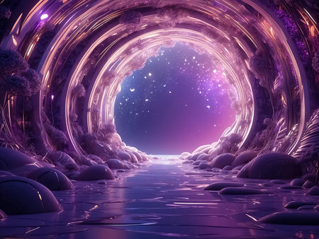 fantastic alien landscape with a tunnel and neon lights. Generative Aiの素材