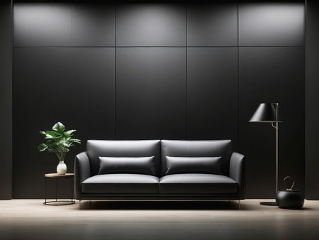 Modern living room interior with black sofa, lamp and plant. Generative Aiの素材