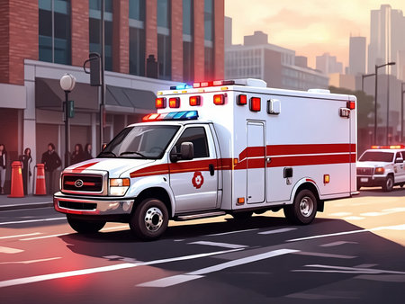 Ambulance on the road in the city. Generative Aiの素材