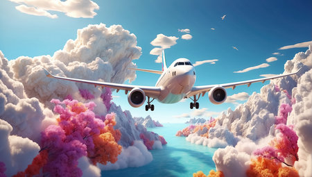 Airplane flying in the sky with clouds, magic country. Generative Aiの素材