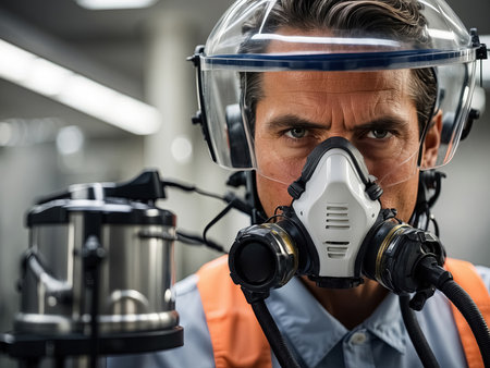 Portrait of male technician wearing respirator while looking at camera in factory. Generative Aiの素材