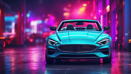 Modern blue sports car in the night city. Generative Aiの素材