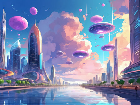 Cityscape with skyscrapers and flying saucers. Generative Aiの素材