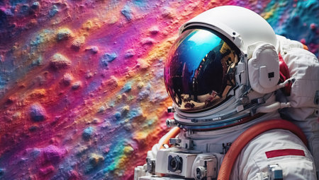 Astronaut in outer space on the background of a colorful wall. Generative Aiの素材