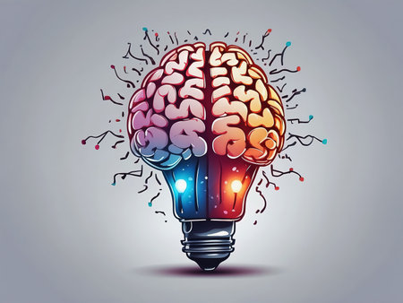 Colorful light bulb with brain inside on grey background. Generative Aiの素材