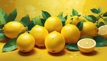 Lemons with leaves and drops of water on a yellow background. Generative Aiの素材
