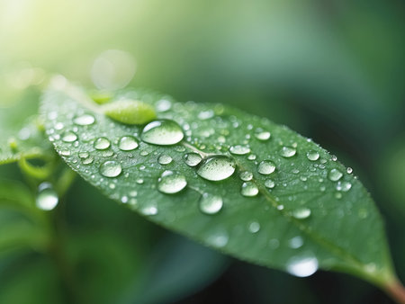 Water droplets on green leaves. Generative Aiの素材