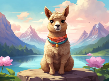cute alpaca in a beautiful nature landscape. Generative Aiの素材