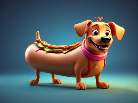 Cartoon dog hot dog on blue background. Generative Aiの素材