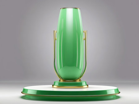 Green glass trophy mockup stand on gray background. Generative Aiの素材