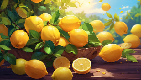 Lemons in a basket on the table. Generative Aiの素材