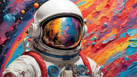 astronaut in spacesuit standing on colorful galaxy background. Generative Aiの素材
