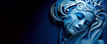 female face with blue hair on a dark background, panoramic layout. Generative Aiの素材