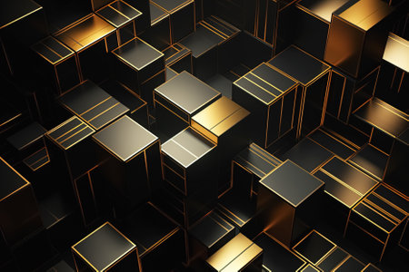 3D abstract geometric composition, golden and black metallic cubes background. Generative Aiの素材