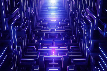 Dark corridor with glowing neon lines. Generative Aiの素材