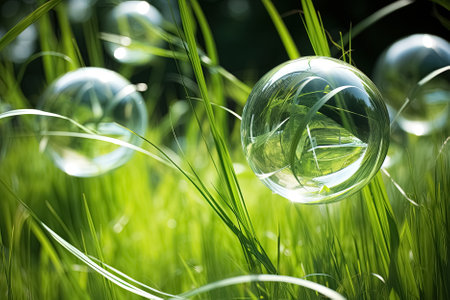 Soap bubbles on green grass field, close-up. Nature background. Generative Aiの素材