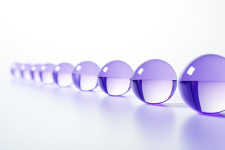 A row of purple glass balls in a white background. Generative Aiの素材