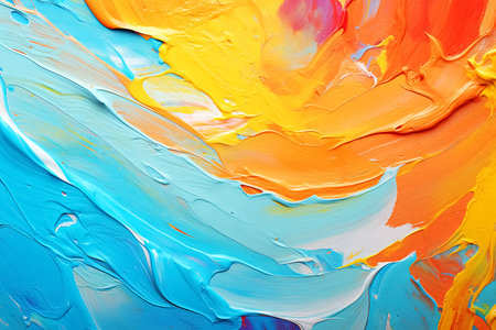 Abstract acrylic paint background in blue, orange and yellow colors. Fragment of artwork. Generative Aiの素材