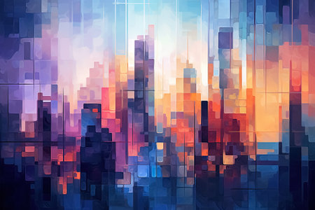 abstract background with blue and purple cityscape. Generative Aiの素材