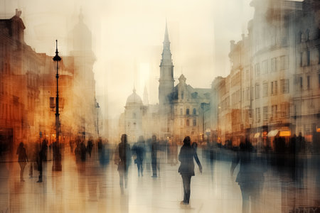 London city with people walking in motion blur. Abstract background. Double exposure. Generative Aiの素材