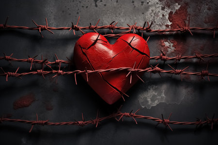 Red heart with barbed wire on a dark background. Love concept. Generative Aiの素材