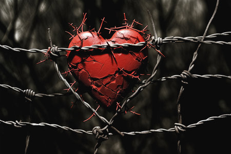 Red heart in the barbed wire. Conceptual image of love. Generative Aiの素材