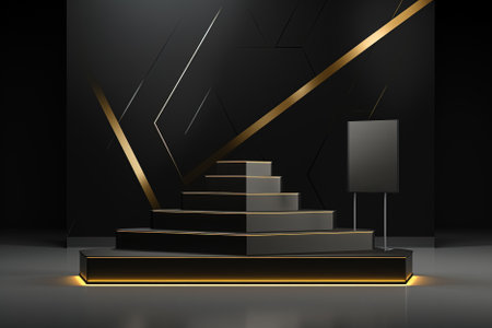 Black and gold geometric podium for product presentation. Generative Aiの素材
