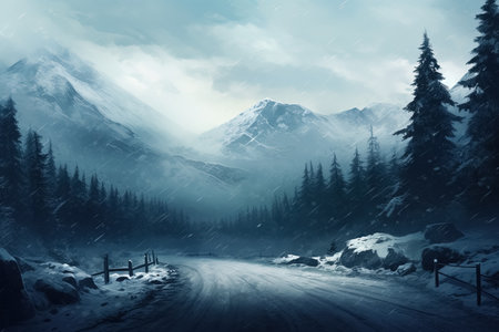 Snowy mountain road in the mountains. Winter landscape. Generative Aiの素材