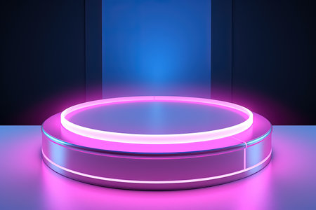 Abstract round podium illuminated with neon light. Generative Aiの素材