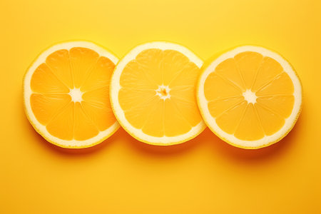 Slices of fresh citrus fruit on yellow background, top view. Generative Aiの素材
