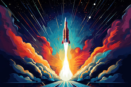 Rocket launch in space. Start up business concept. Generative Aiの素材