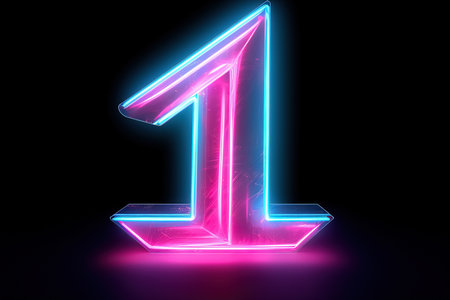 Number one neon sign, 1 on black background with lights. Generative Aiの素材
