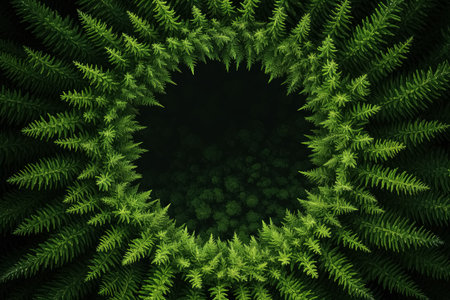 Ferns in the form of a circle on a dark background. Generative Aiの素材