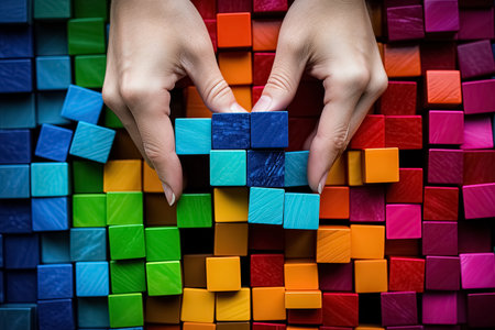 Female hands holding a cube in the form of a puzzle on a colorful background. Generative Aiの素材