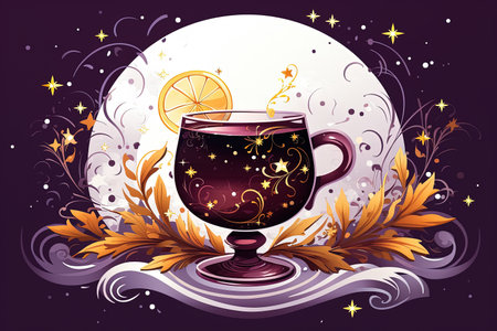 Cup of mulled wine on a dark background with decorative elements. Generative Aiの素材