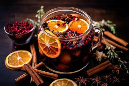 Cup of hot mulled wine with spices and fruits on dark background. Generative Aiの素材