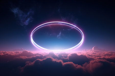 Glowing circle in the clouds, neon lights. Generative Aiの素材
