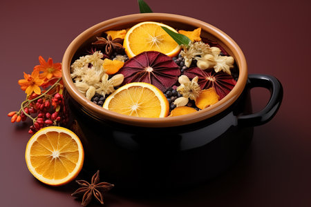 Cup of hot mulled wine with spices and fruits on dark background. Generative Aiの素材