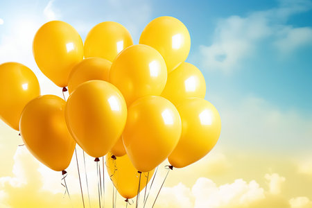 Bunch of yellow balloons flying in the blue sky. Generative Aiの素材