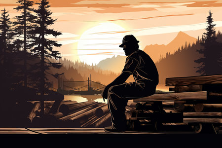 Man sitting on a bench by the lake at sunset. Generative Aiの素材