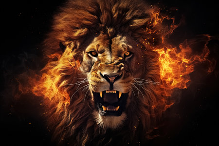 Lion in the fire. The concept of power and energy. Generative Aiの素材