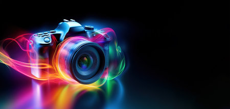 Digital camera with neon lights on black background, panoramic layout. Generative Aiの素材