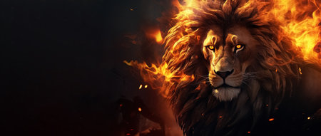 Portrait of a lion with fire flames on a black background, panoramic layout. Generative Aiの素材