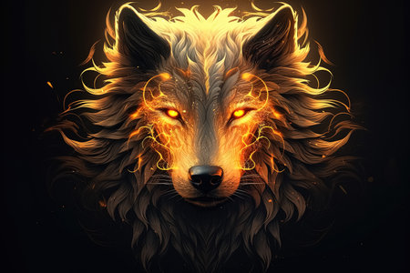 Fantasy portrait of a wolf with fire flames on a black background. Generative Aiの素材