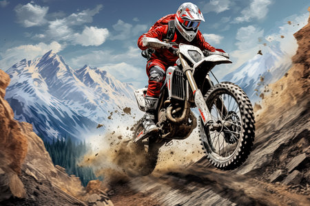 Motocross rider on the race in high mountains. Generative Aiの素材