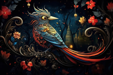 Colorful fantasy crow sitting on a branch with red flowers. Generative Aiの素材