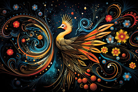 peacock with abstract floral ornament on grunge background. Generative Aiの素材