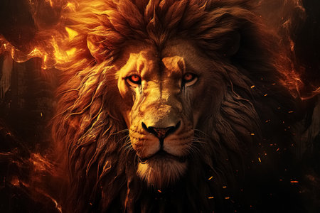 Lion in the fire. Fantasy portrait of a male lion. Generative Aiの素材