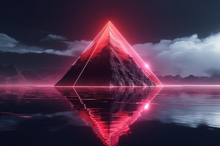 Abstract red glowing triangle on mountain. Generative Aiの素材